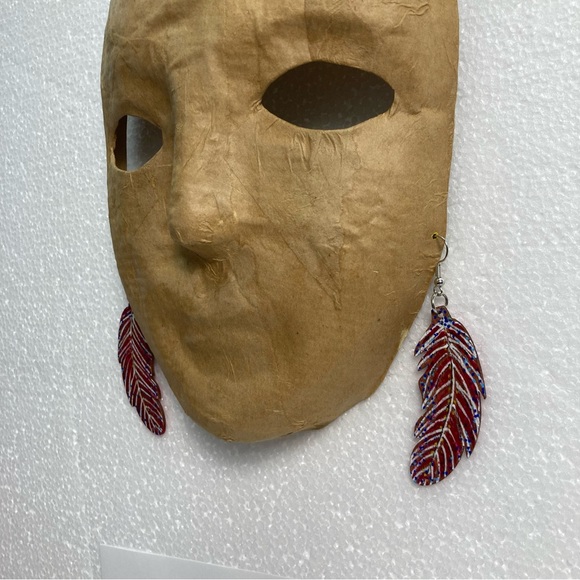 One-of-a-Kind Hand Painted Wooden Feather Earrings - Red and Blue Fall Colors - Picture 7 of 9